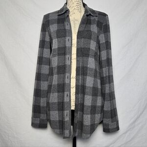 Quince Gray Buffalo Plaid Stretch Sweater Fleece Shirt - Medium